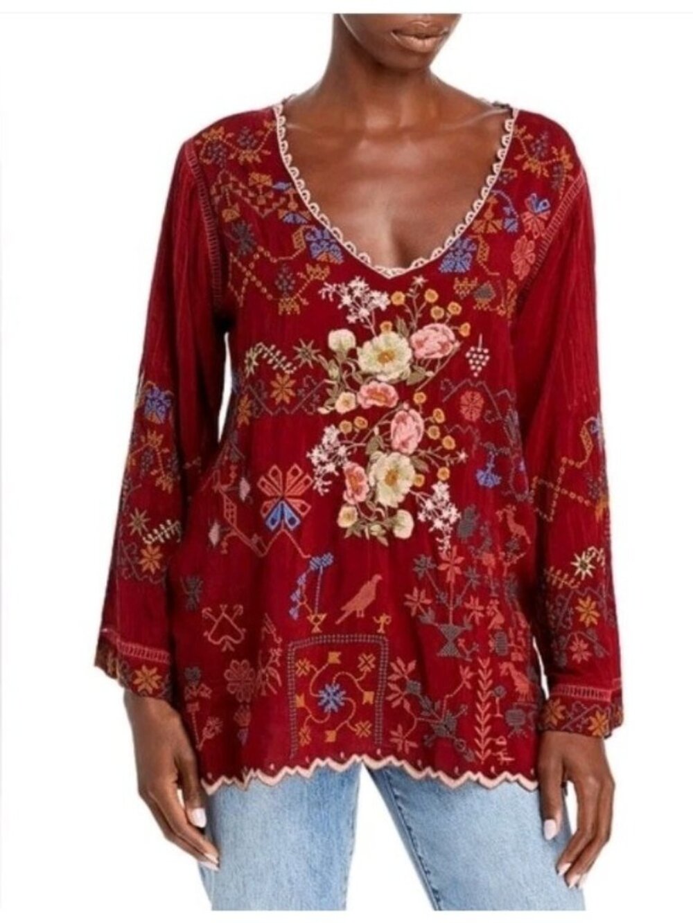 Johnny Was Canterie Embroidered & Needlepoint Blouse Size L Burgundy Bohemian